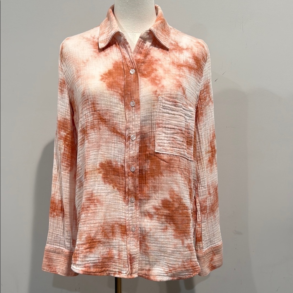 ROAN + RYAN SIZE XS White and Orange Long Sleeve Relaxed Button Down Shirt